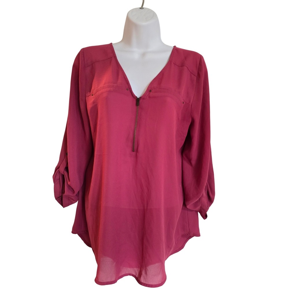 Maurices Pink V Neck Zipper 3/4 Sleeve Roll Tab Blouse Top M /0226